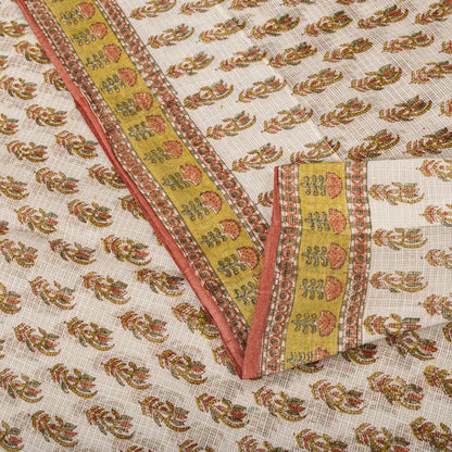 Sanskriti Vintage Saree White Kota Hand Woven/Doria Pure Cotton Hand Block Printed Fabric 5+Yard Craft Sari