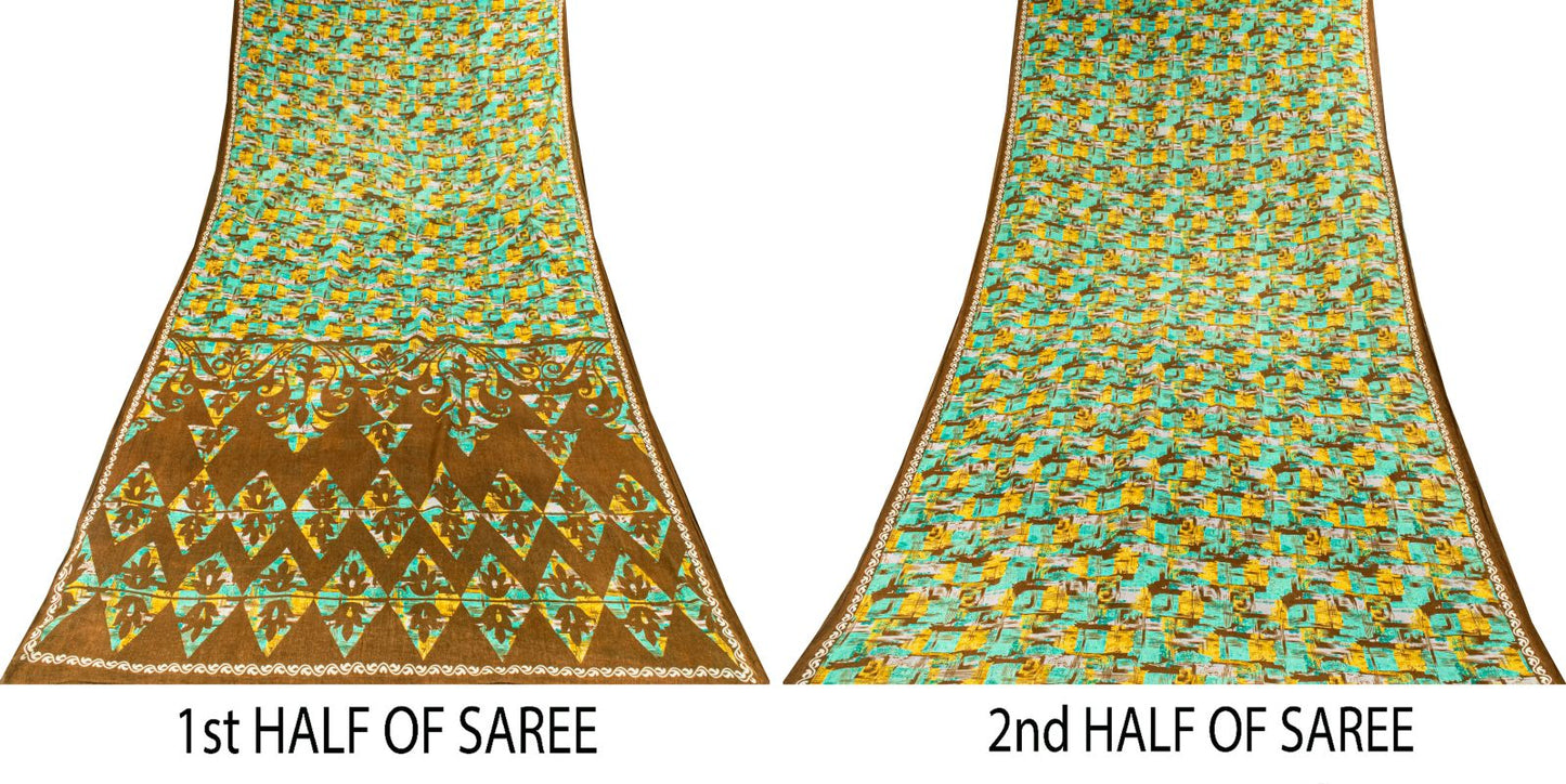 Sanskriti Vintage Saree Green 100% Pure Cotton Abstract Printed Craft Fabric 5+Yard Sari Uses-Table linen, Cushions, Curtains, Dressing DIY