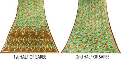 Sanskriti Vintage Saree Green 100% Pure Cotton Abstract Printed Craft Fabric 5+Yard Sari Uses-Table linen, Cushions, Curtains, Dressing DIY