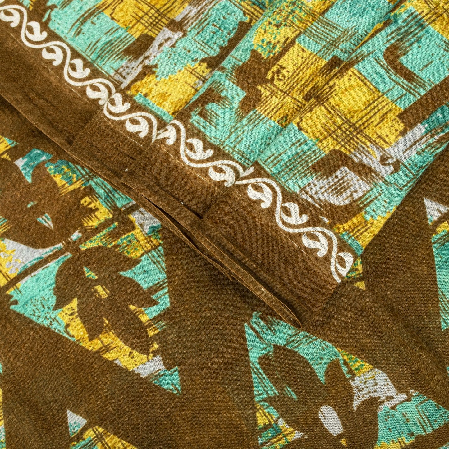Sanskriti Vintage Saree Green 100% Pure Cotton Abstract Printed Craft Fabric 5+Yard Sari Uses-Table linen, Cushions, Curtains, Dressing DIY