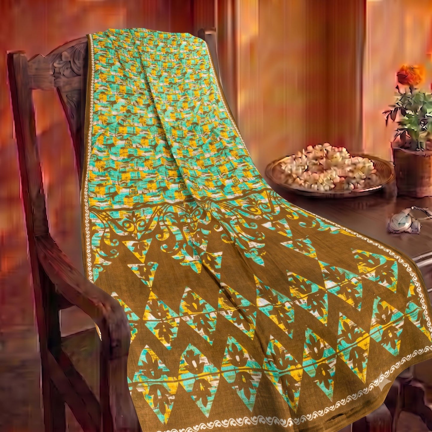Sanskriti Vintage Saree Green 100% Pure Cotton Abstract Printed Craft Fabric 5+Yard Sari Uses-Table linen, Cushions, Curtains, Dressing DIY