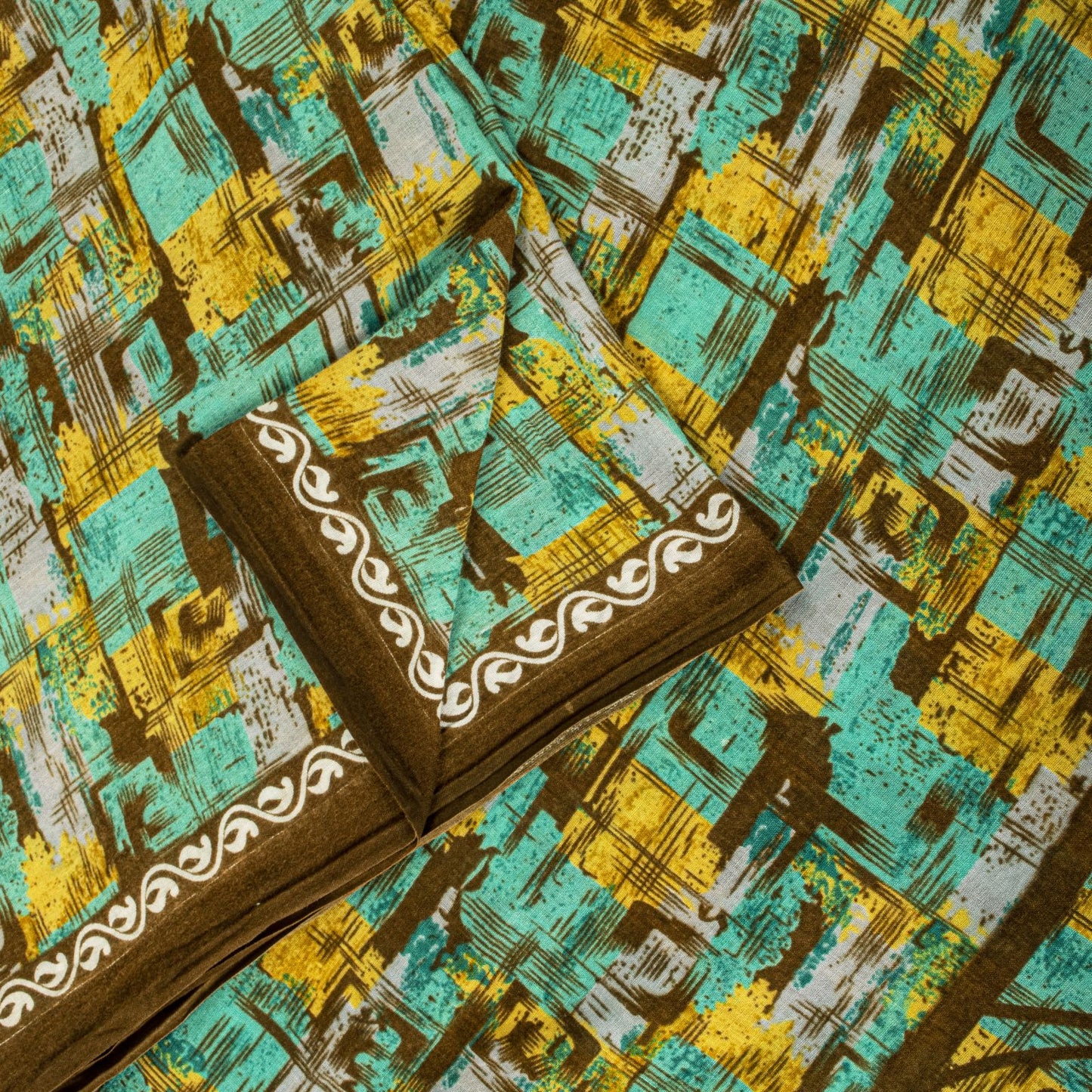 Sanskriti Vintage Saree Green 100% Pure Cotton Abstract Printed Craft Fabric 5+Yard Sari Uses-Table linen, Cushions, Curtains, Dressing DIY