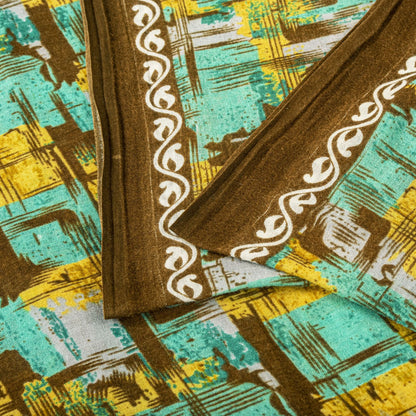 Sanskriti Vintage Saree Green 100% Pure Cotton Abstract Printed Craft Fabric 5+Yard Sari Uses-Table linen, Cushions, Curtains, Dressing DIY