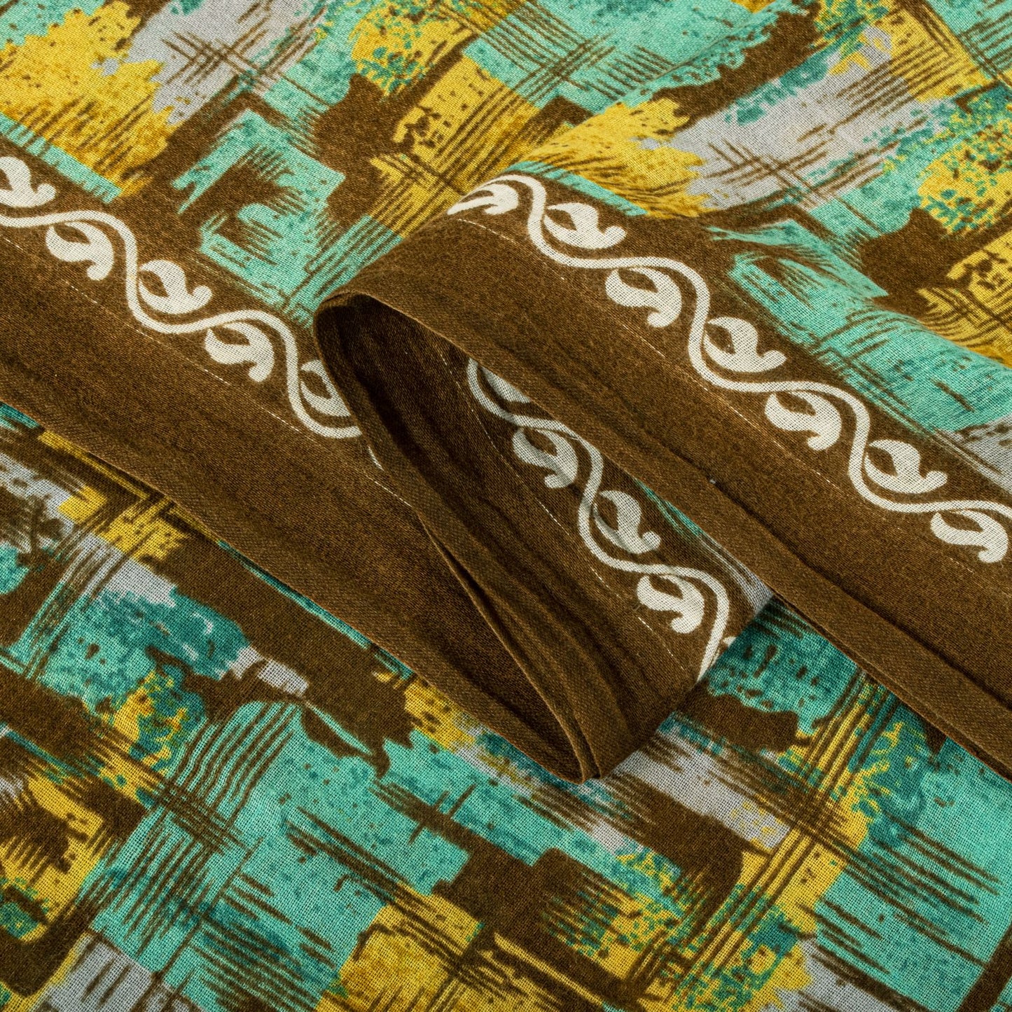 Sanskriti Vintage Saree Green 100% Pure Cotton Abstract Printed Craft Fabric 5+Yard Sari Uses-Table linen, Cushions, Curtains, Dressing DIY