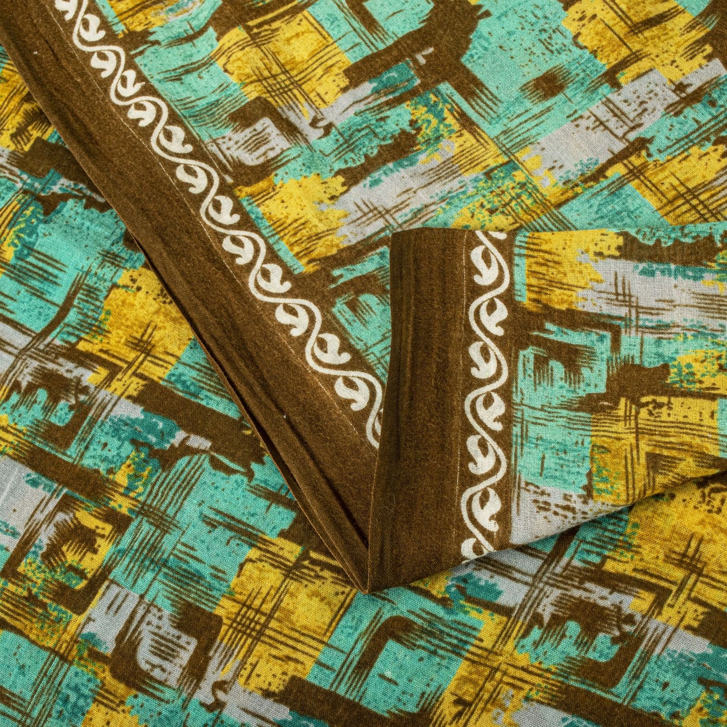 Sanskriti Vintage Saree Green 100% Pure Cotton Abstract Printed Craft Fabric 5+Yard Sari Uses-Table linen, Cushions, Curtains, Dressing DIY