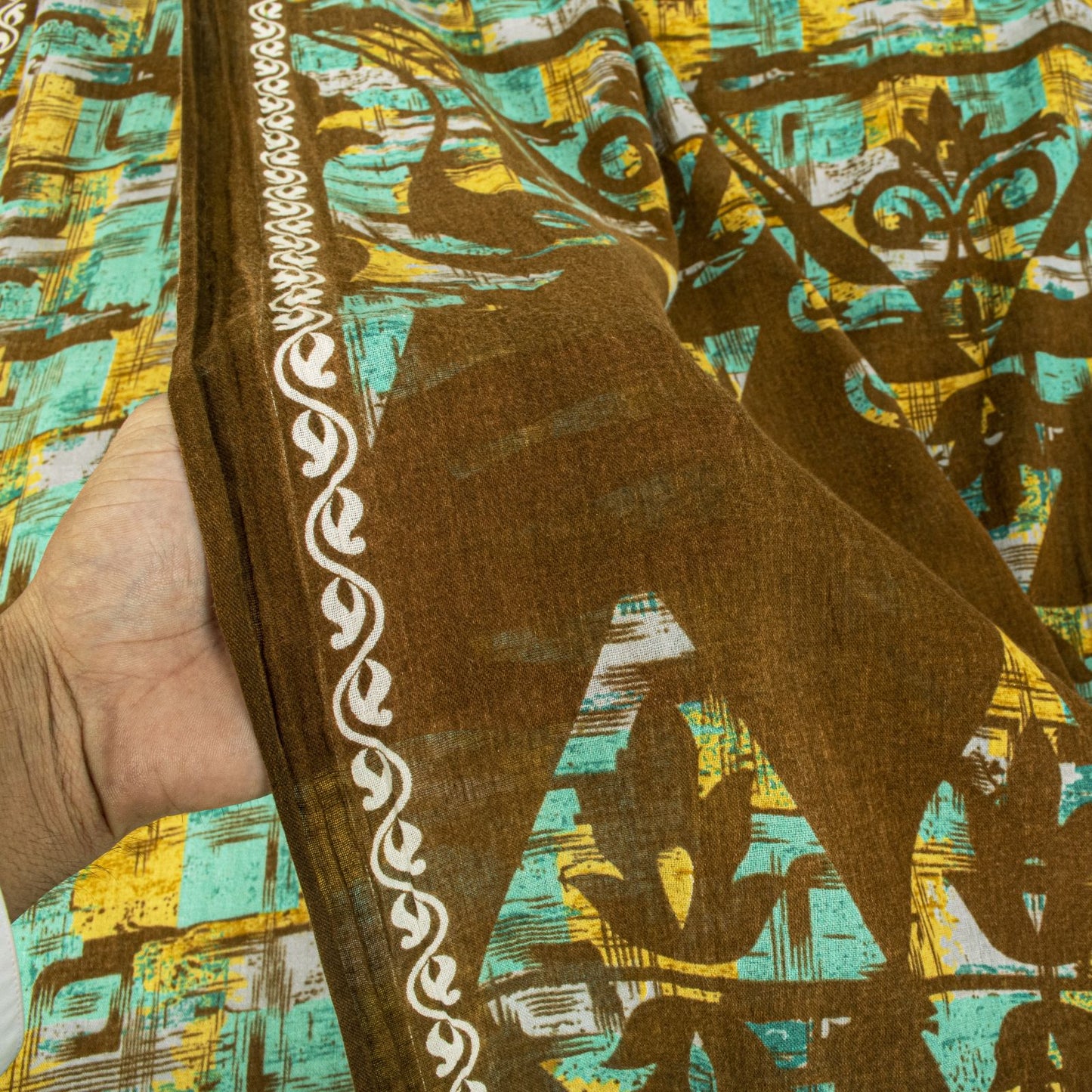 Sanskriti Vintage Saree Green 100% Pure Cotton Abstract Printed Craft Fabric 5+Yard Sari Uses-Table linen, Cushions, Curtains, Dressing DIY