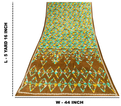 Sanskriti Vintage Saree Green 100% Pure Cotton Abstract Printed Craft Fabric 5+Yard Sari Uses-Table linen, Cushions, Curtains, Dressing DIY