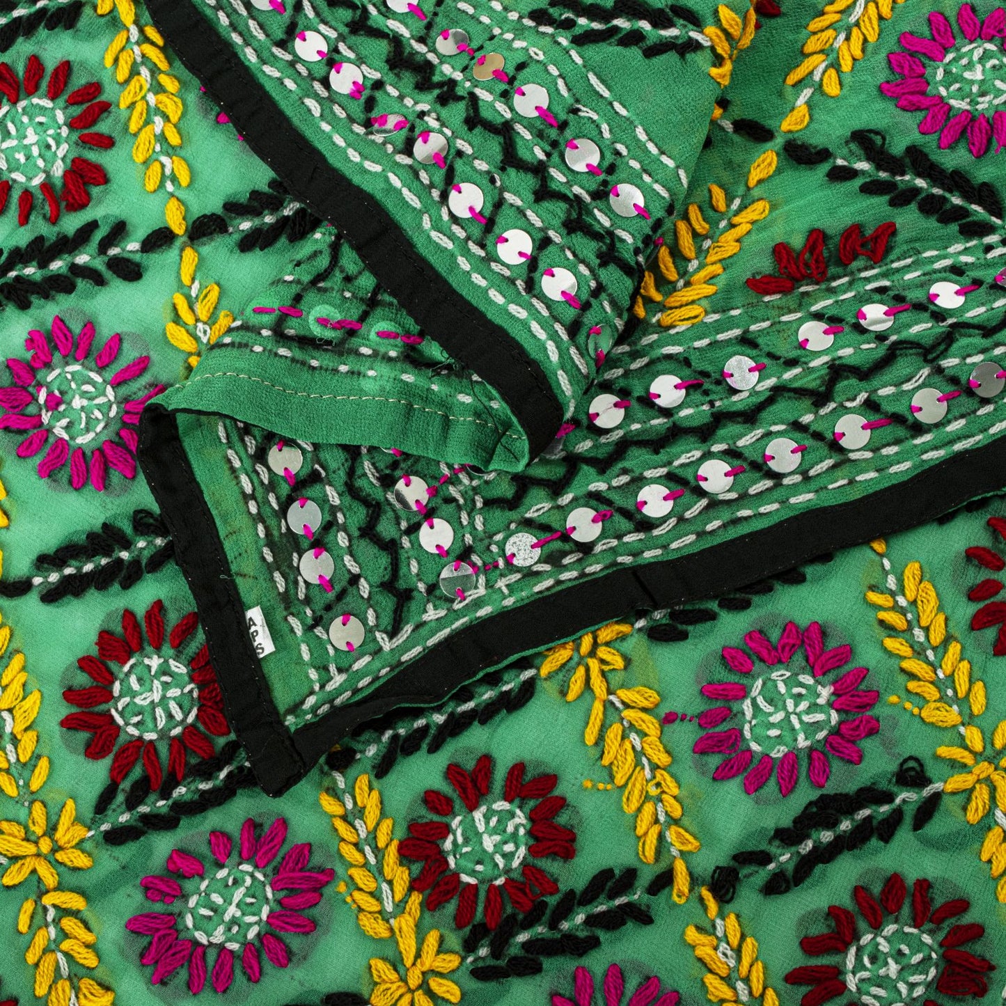 Sanskriti Vintage Green Pure Georgette Dupatta/Stole Hand Embroidered Phulkari