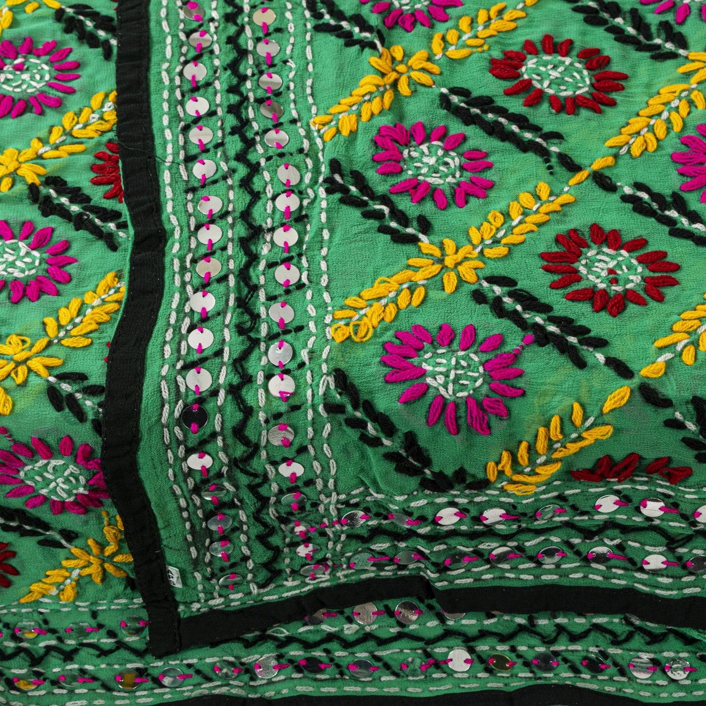 Sanskriti Vintage Green Pure Georgette Dupatta/Stole Hand Embroidered Phulkari