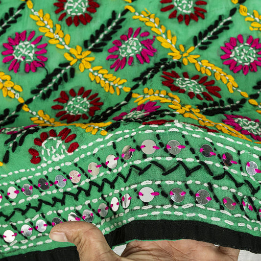Sanskriti Vintage Green Pure Georgette Dupatta/Stole Hand Embroidered Phulkari