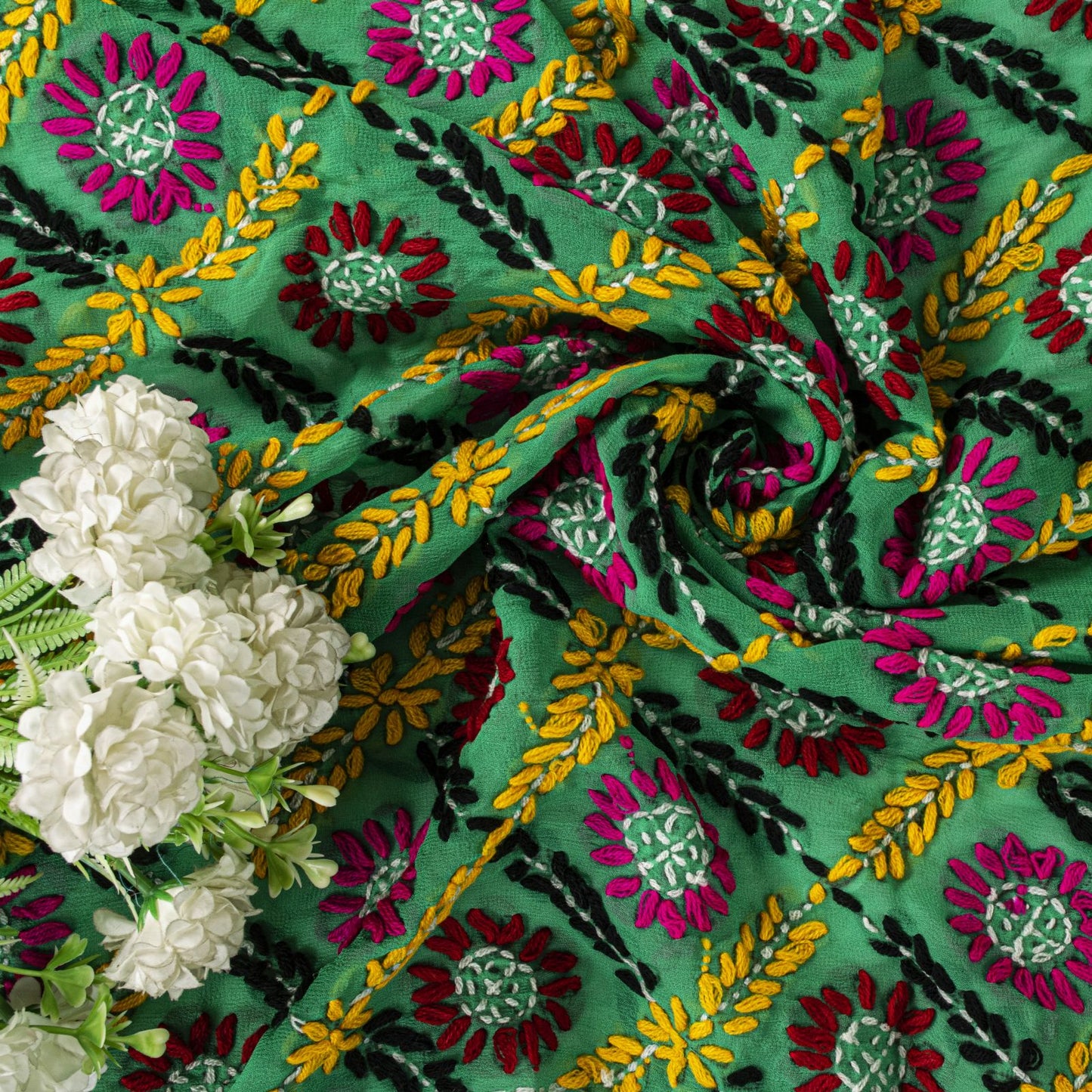 Sanskriti Vintage Green Pure Georgette Dupatta/Stole Hand Embroidered Phulkari