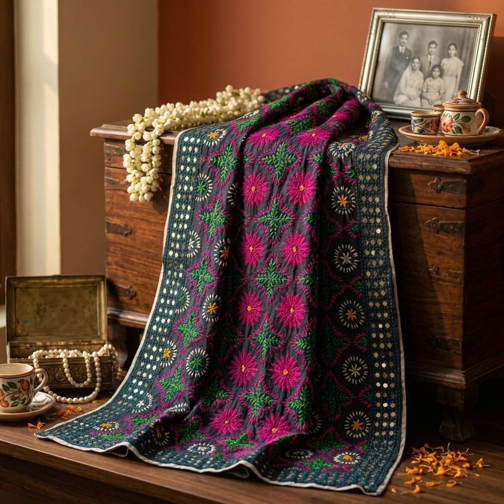 Sanskriti New Blue Phulkari Ooak Dupatta/Stole Georgette Hand Embroidered Veil