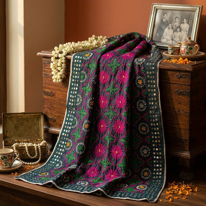 Sanskriti New Blue Phulkari Ooak Dupatta/Stole Georgette Hand Embroidered Veil