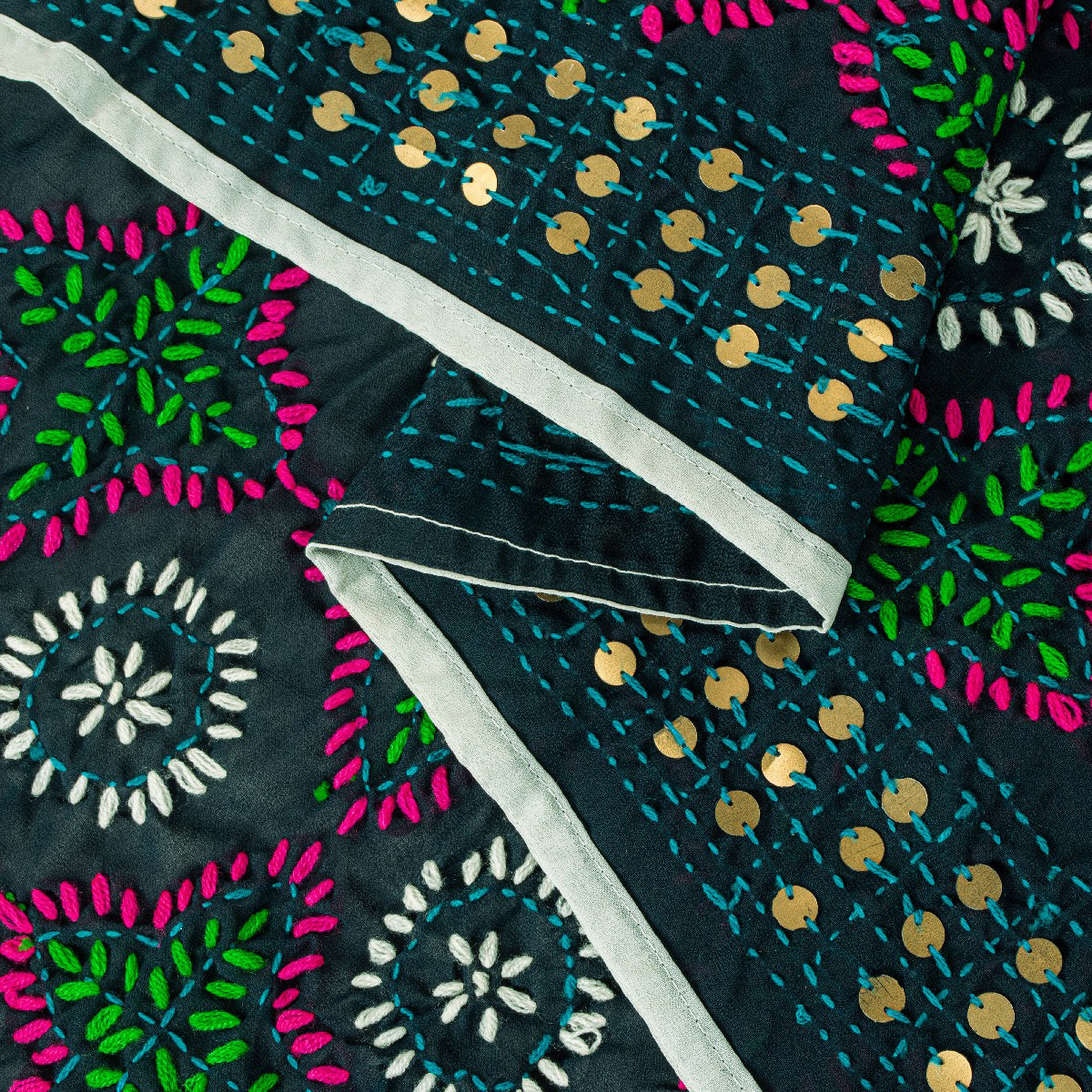 Sanskriti New Blue Phulkari Ooak Dupatta/Stole Georgette Hand Embroidered Veil