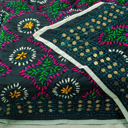 Sanskriti New Blue Phulkari Ooak Dupatta/Stole Georgette Hand Embroidered Veil