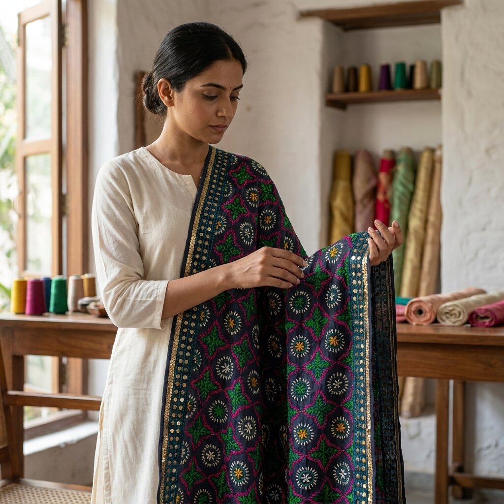 Sanskriti New Blue Phulkari Ooak Dupatta/Stole Georgette Hand Embroidered Veil