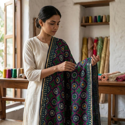 Sanskriti New Blue Phulkari Ooak Dupatta/Stole Georgette Hand Embroidered Veil