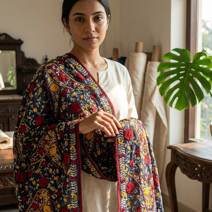 Sanskriti New Blue Phulkari Dupatta/Stole Georgette Hand Embroidered OOAK Veil