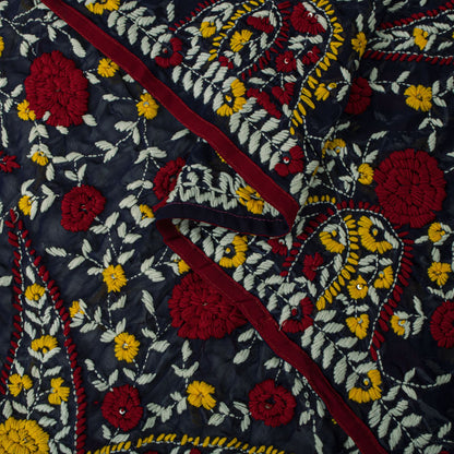 Sanskriti New Blue Phulkari Dupatta/Stole Georgette Hand Embroidered OOAK Veil
