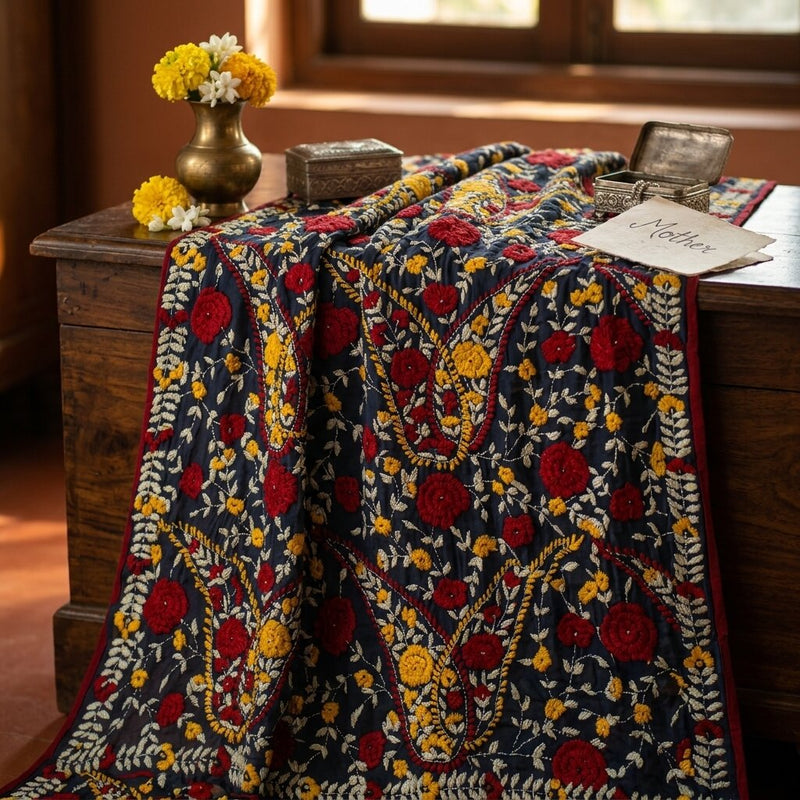 Sanskriti New Blue Phulkari Dupatta/Stole Georgette Hand Embroidered OOAK Veil