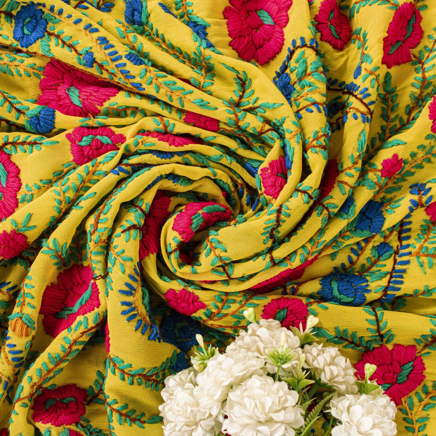 Sanskriti New Yellow Dupatta/Stole Pure Georgette Silk Hand Embroidered Phulkari