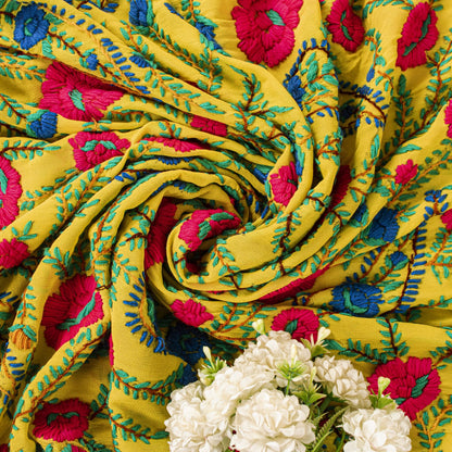 Sanskriti New Yellow Dupatta/Stole Pure Georgette Silk Hand Embroidered Phulkari
