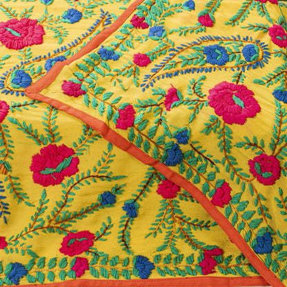 Sanskriti New Yellow Dupatta/Stole Pure Georgette Silk Hand Embroidered Phulkari