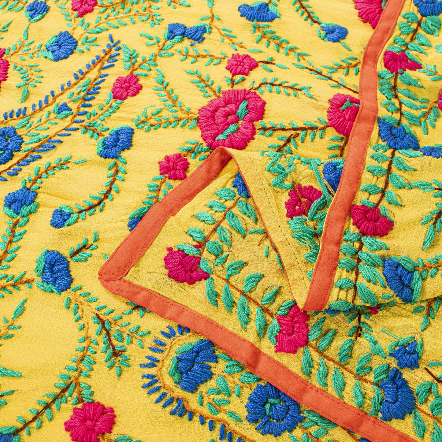 Sanskriti New Yellow Dupatta/Stole Pure Georgette Silk Hand Embroidered Phulkari
