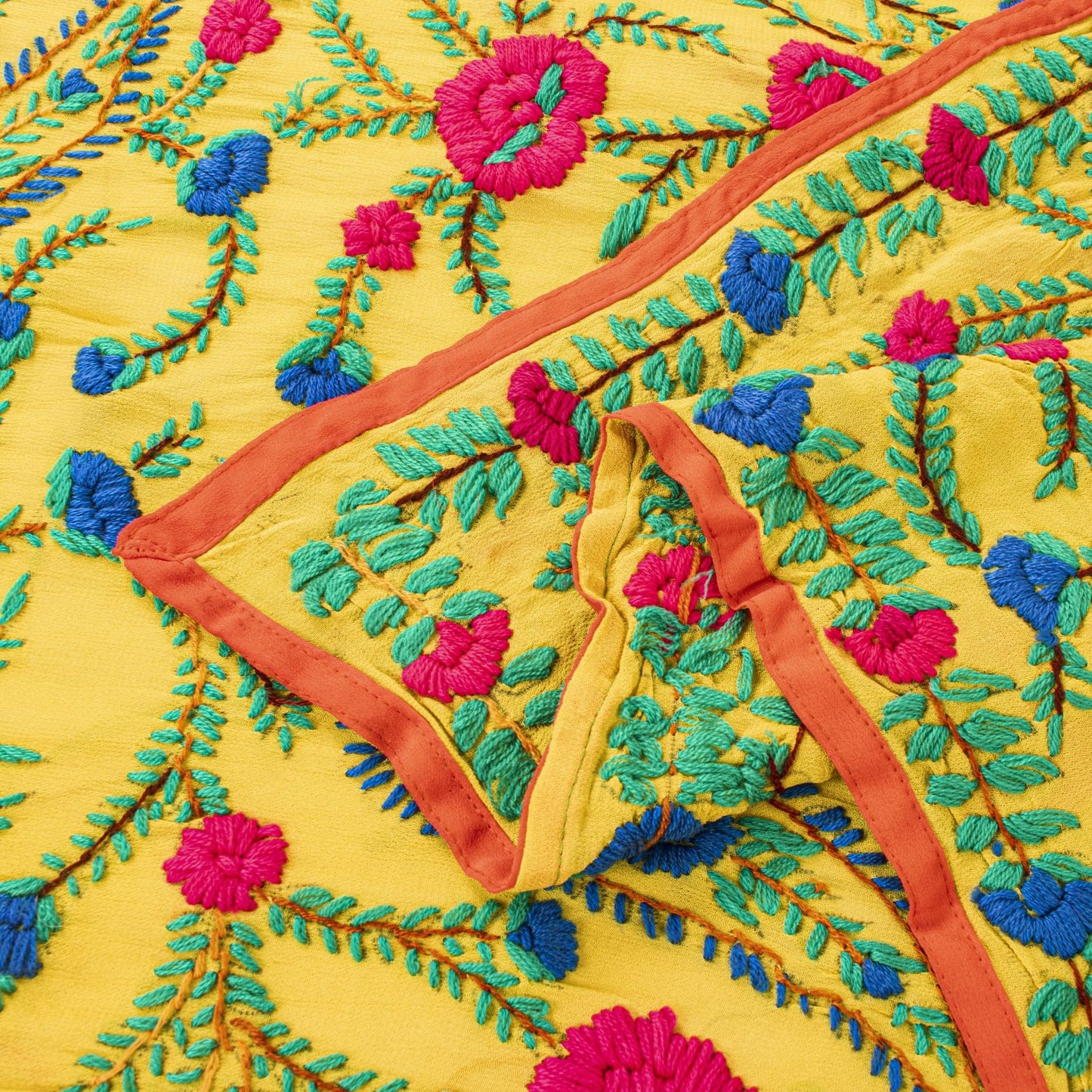 Sanskriti New Yellow Dupatta/Stole Pure Georgette Silk Hand Embroidered Phulkari