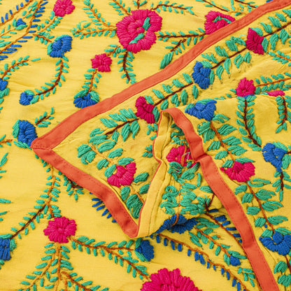 Sanskriti New Yellow Dupatta/Stole Pure Georgette Silk Hand Embroidered Phulkari