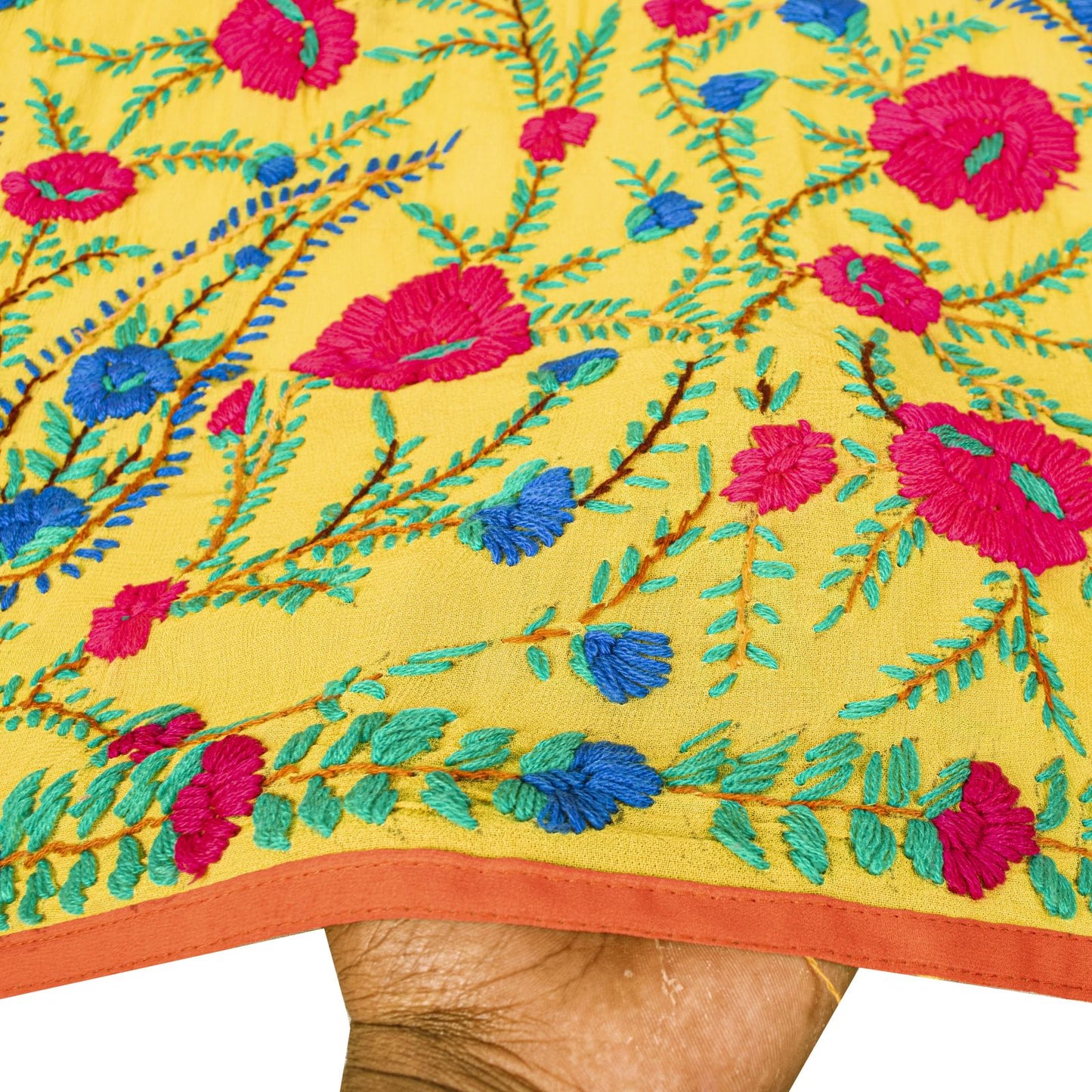 Sanskriti New Yellow Dupatta/Stole Pure Georgette Silk Hand Embroidered Phulkari