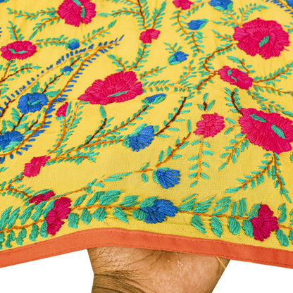 Sanskriti New Yellow Dupatta/Stole Pure Georgette Silk Hand Embroidered Phulkari