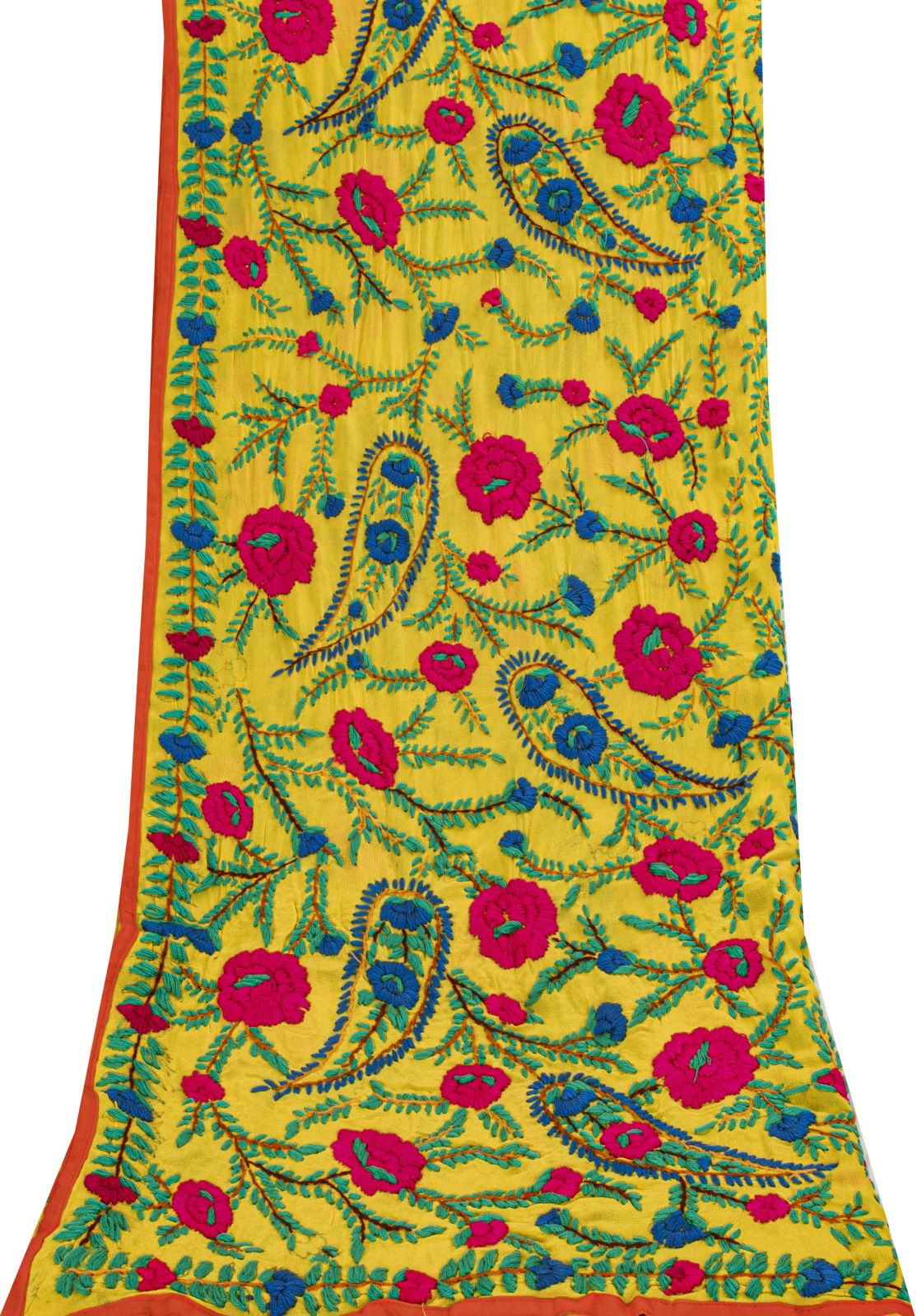 Sanskriti New Yellow Dupatta/Stole Pure Georgette Silk Hand Embroidered Phulkari
