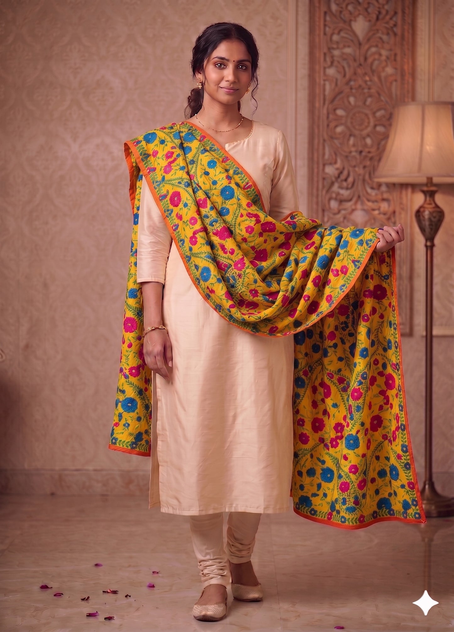 Sanskriti New Yellow Dupatta/Stole Pure Georgette Silk Hand Embroidered Phulkari