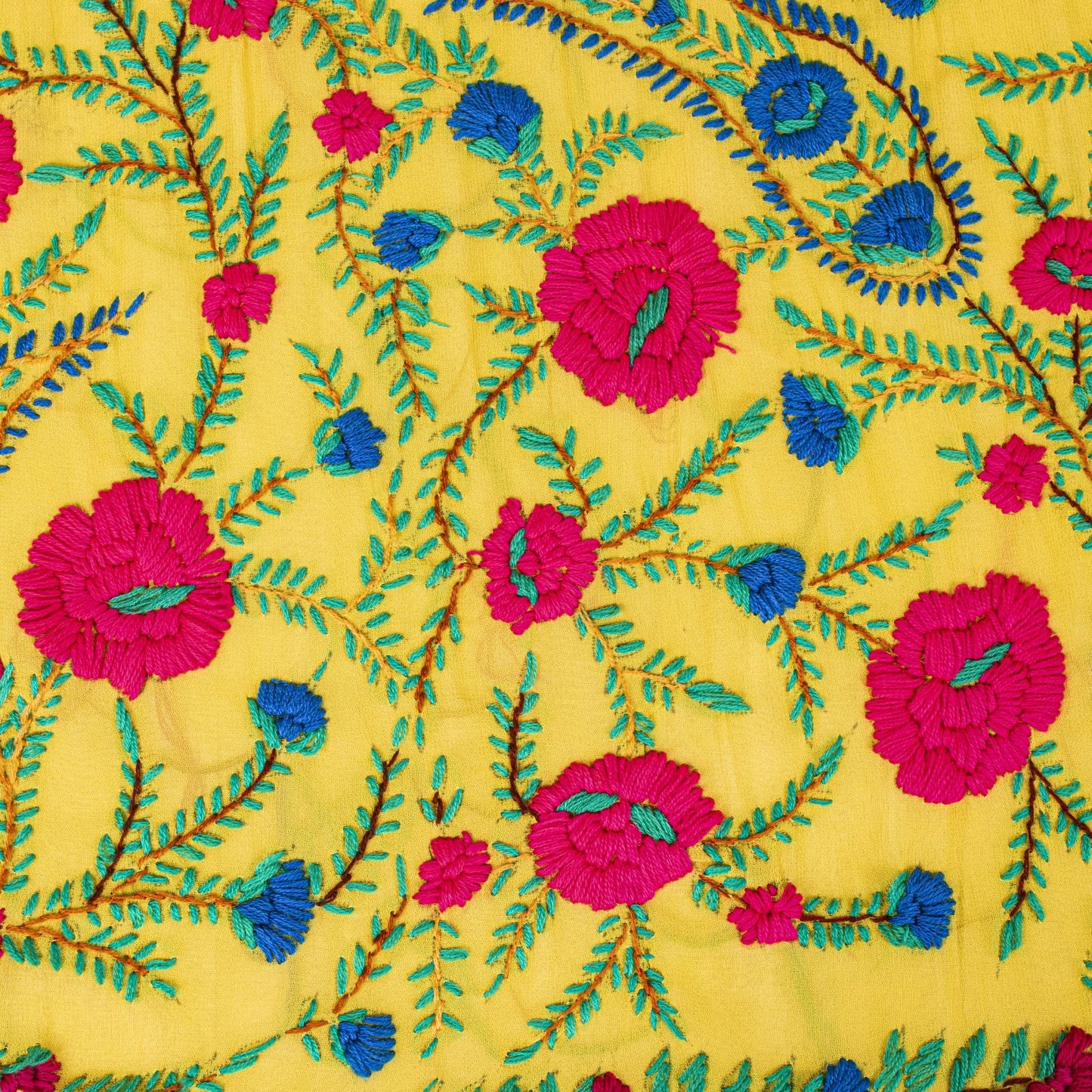 Sanskriti New Yellow Dupatta/Stole Pure Georgette Silk Hand Embroidered Phulkari
