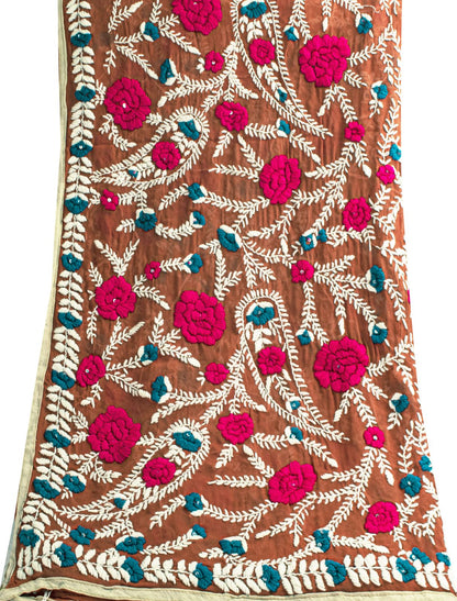 Sanskriti Dupatta Brown Pure Georgette Silk Hand Embroidered Phulkari OOAK Stole