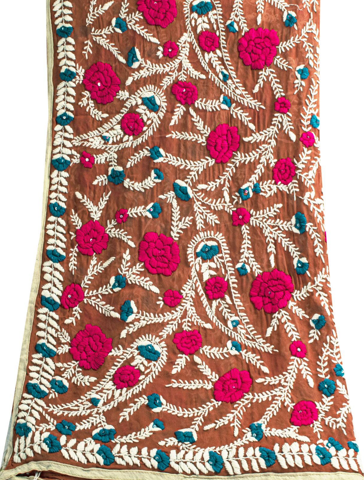 Sanskriti Dupatta Brown Pure Georgette Silk Hand Embroidered Phulkari OOAK Stole