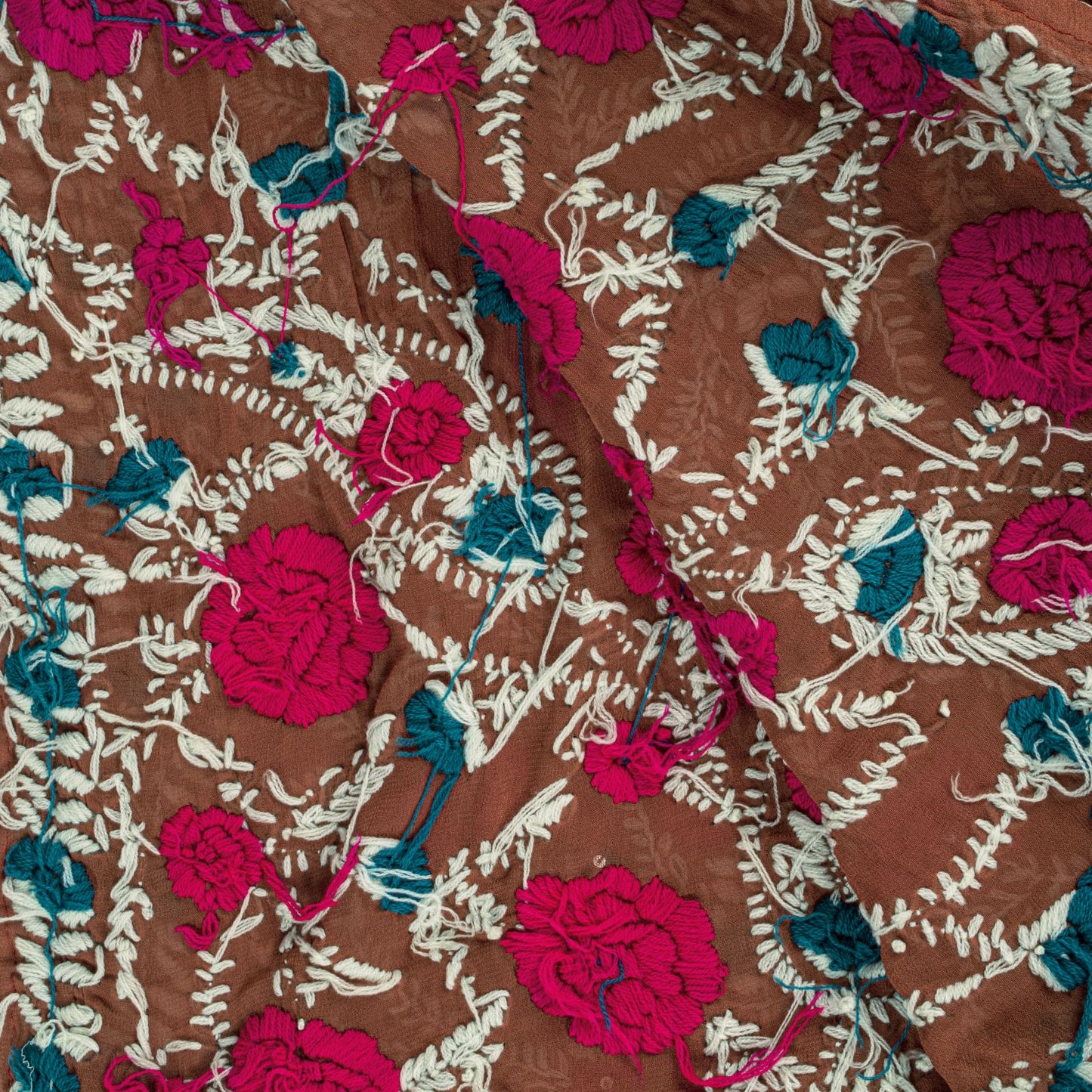 Sanskriti Dupatta Brown Pure Georgette Silk Hand Embroidered Phulkari OOAK Stole
