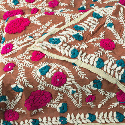 Sanskriti Dupatta Brown Pure Georgette Silk Hand Embroidered Phulkari OOAK Stole
