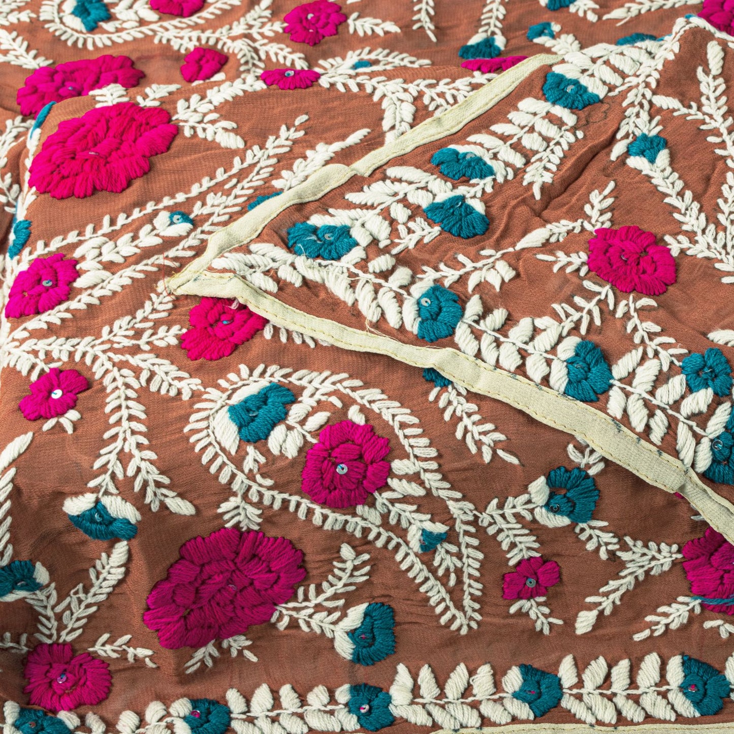 Sanskriti Dupatta Brown Pure Georgette Silk Hand Embroidered Phulkari OOAK Stole