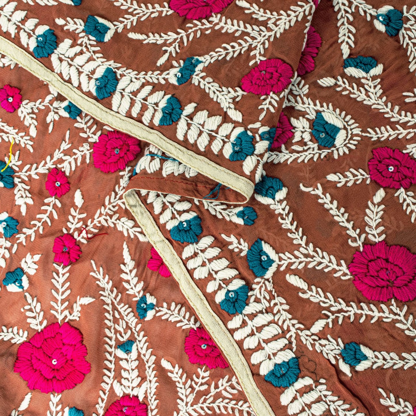 Sanskriti Dupatta Brown Pure Georgette Silk Hand Embroidered Phulkari OOAK Stole
