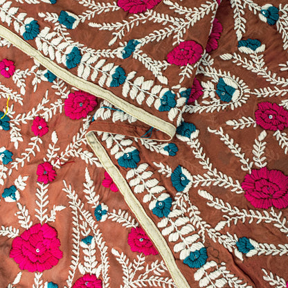 Sanskriti Dupatta Brown Pure Georgette Silk Hand Embroidered Phulkari OOAK Stole