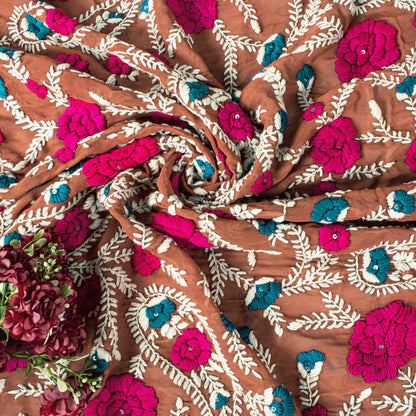 Sanskriti Dupatta Brown Pure Georgette Silk Hand Embroidered Phulkari OOAK Stole