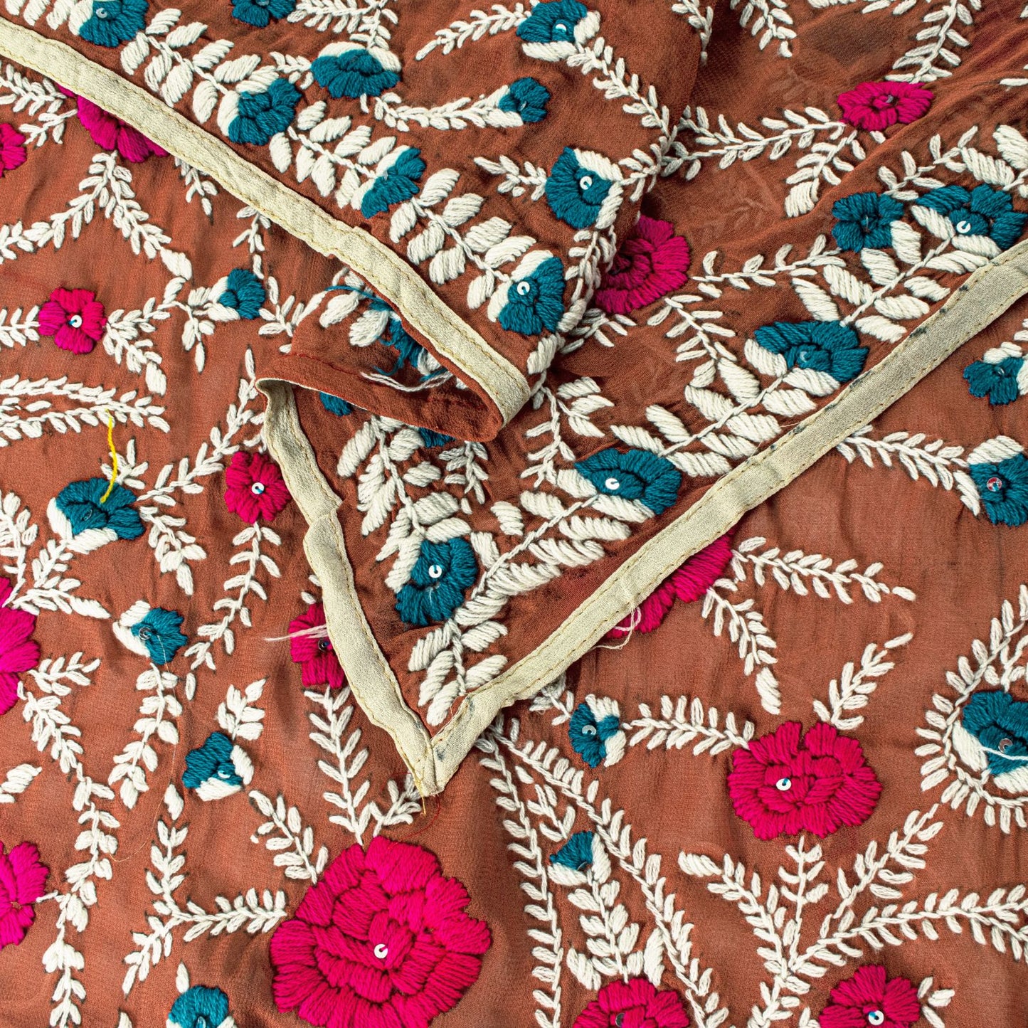 Sanskriti Dupatta Brown Pure Georgette Silk Hand Embroidered Phulkari OOAK Stole
