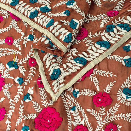 Sanskriti Dupatta Brown Pure Georgette Silk Hand Embroidered Phulkari OOAK Stole