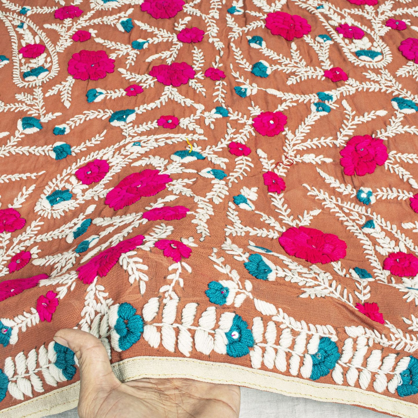 Sanskriti Dupatta Brown Pure Georgette Silk Hand Embroidered Phulkari OOAK Stole