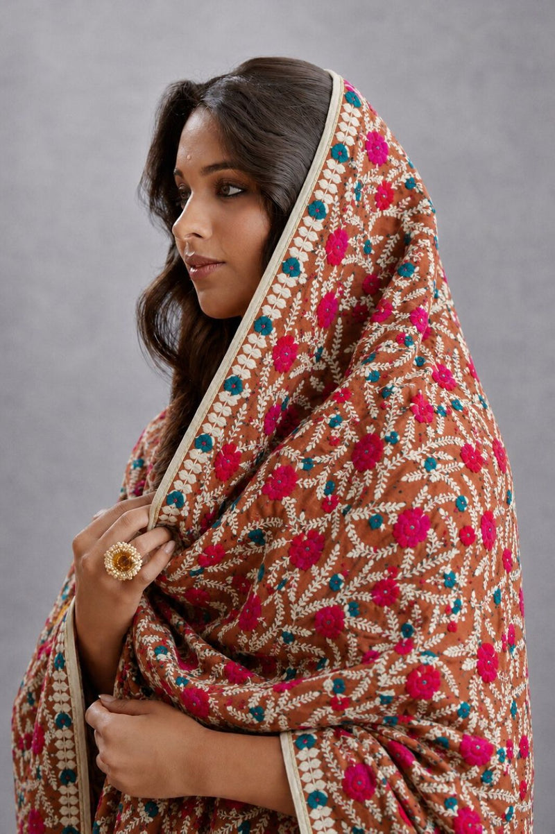 Sanskriti Dupatta Brown Pure Georgette Silk Hand Embroidered Phulkari OOAK Stole