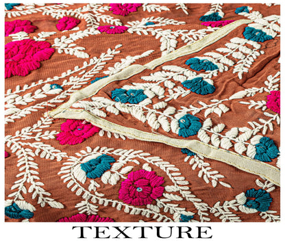 Sanskriti Dupatta Brown Pure Georgette Silk Hand Embroidered Phulkari OOAK Stole