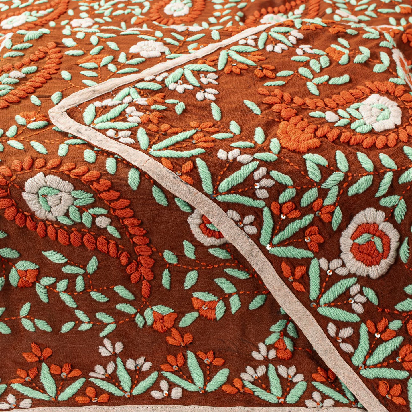Sanskriti New Brown Pure Georgette Dupatta Hand Embroidered Phulkari OOAK Stole