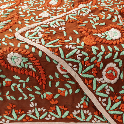Sanskriti New Brown Pure Georgette Dupatta Hand Embroidered Phulkari OOAK Stole